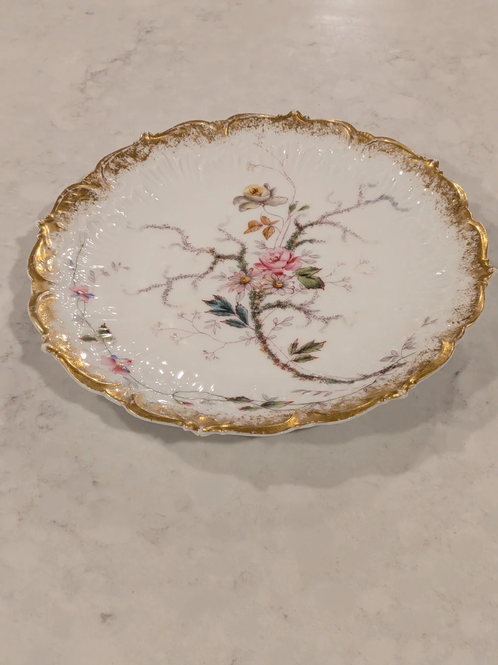 Limoges France White Porcelain Plate with Pink Floral Motif and Gold Trim